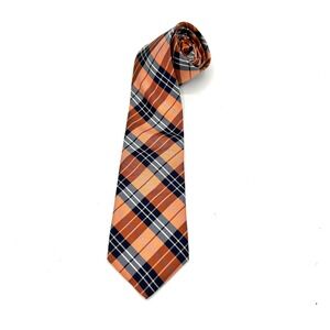 Allen Edmonds Mens Silk Necktie Orange Navy Blue White Plaid Hand Made USA
